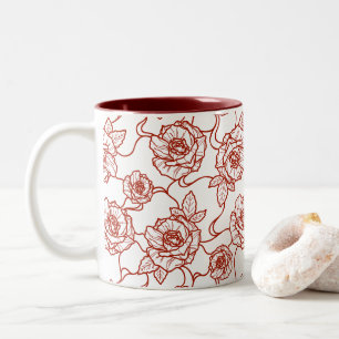 Caneca De Café Em Dois Tons Murmurios de Rosa, Padrão Floral de Arte de Linha 