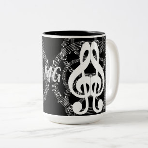 Caneca De Café Em Dois Tons Música de imagem de espelho preto e branco monogr