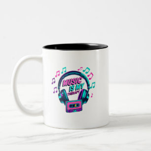 Caneca De Café Em Dois Tons Música É Minha Terapia - Fones de ouvido Retro Cof