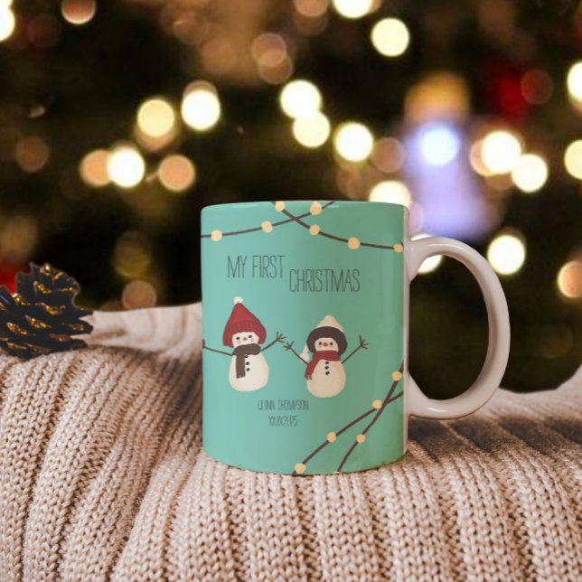 Caneca De Café Em Dois Tons My First Christmas Snowman Illustration (Criador carregado)