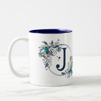 Caneca De Café Em Dois Tons Mystic Floral Monograma Inicial - Letra J