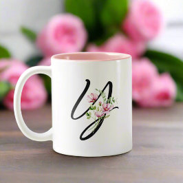 Caneca De Café Em Dois Tons Na moda - Letra preta "Y", folhas cor-de-rosa