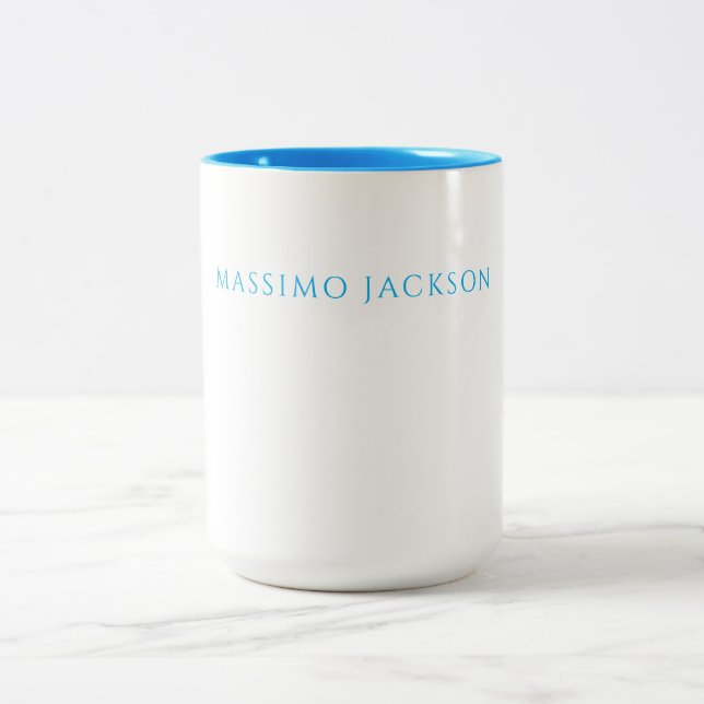 Caneca De Café Em Dois Tons Name Calligraphy Script Plain Simple White Blue (Centro)