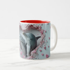Caneca De Café Em Dois Tons Namorados Mãe e Bebês Golfinhos 3D Mola
