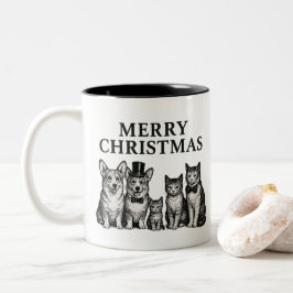 Caneca De Café Em Dois Tons Natal Antigo Charmoso Casal Corgi Três Gatos