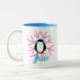 Caneca De Café Em Dois Tons Natal com Nome Personalizado Pinguim Fofo Floco de