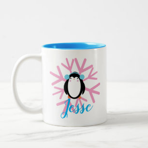 Caneca De Café Em Dois Tons Natal com Nome Personalizado Pinguim Fofo Floco de