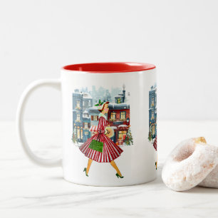 Caneca De Café Em Dois Tons Natal de 1950 Senhora Vintage