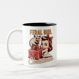 Caneca De Café Em Dois Tons Natal de Garota Feral Gambá Xmas Trashy Retro