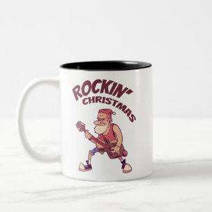 Caneca De Café Em Dois Tons Natal de Rockin, Papais noeis balançando com Guita
