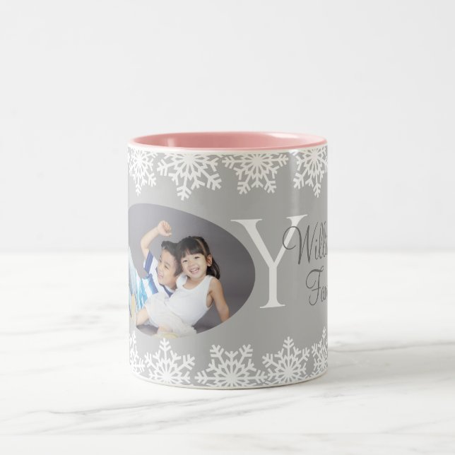 Caneca De Café Em Dois Tons Natal familiar "JOY" Cinza prateada Floco de neve  (Centro)
