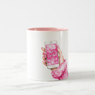 Caneca De Café Em Dois Tons Natal Feliz Unhas Rosa Glam Feminino