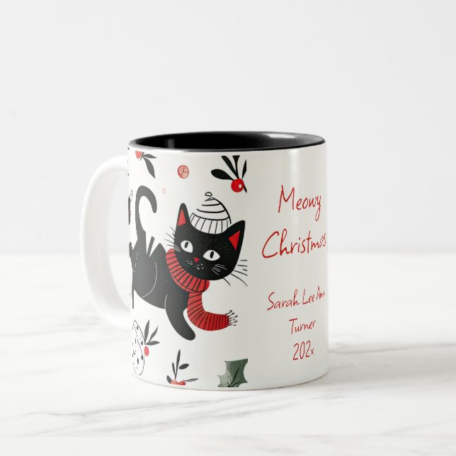 Caneca De Café Em Dois Tons Natal para Gato Negro Bonito (Frente Esquerda)