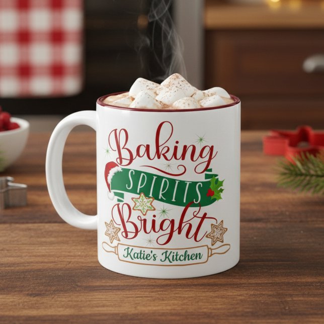 Caneca De Café Em Dois Tons Natal Personalizado das Espíritos Espancadas (Baking Spirits Bright Custom Christmas Two-Tone Coffee Mug - Personalize with your name!)