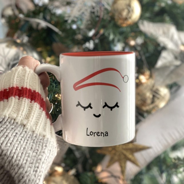 Caneca De Café Em Dois Tons Natal Santa hat Lashes Personaliza Férias (Criador carregado)