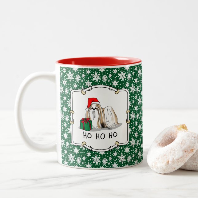 Caneca De Café Em Dois Tons Natal Santa Hat Shih Tzu (branco-tan) (Com Donut)
