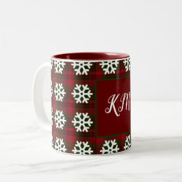 Caneca De Café Em Dois Tons Natal Tartan Monograma Floco de neve Vermelho Verd