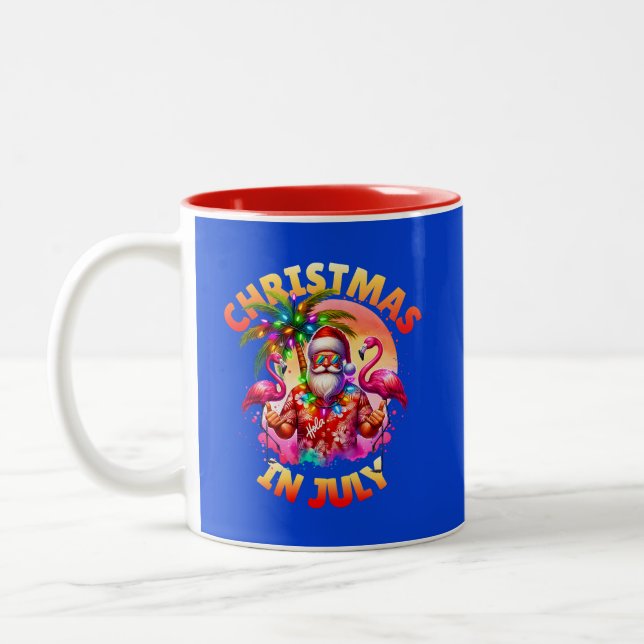Caneca De Café Em Dois Tons Natal tropical em julho Palm Trees & Flamingos (Esquerda)