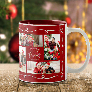 Caneca De Café Em Dois Tons Natal Vermelho 4 Fotos Família Desenhos à Mão