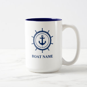 Caneca De Café Em Dois Tons Náutico Náutico Nome Anchor Rope Helm Blue