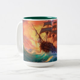 Caneca De Café Em Dois Tons Navio De Velas Em Um Mar Tempestade