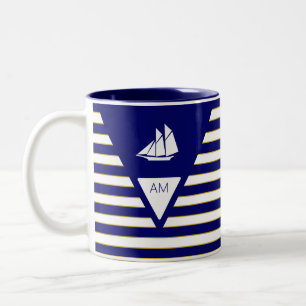 Caneca De Café Em Dois Tons Navio e monograma em branco e azul