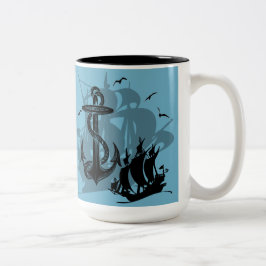Caneca De Café Em Dois Tons Navio Pirata e Ancorante Silhueta Preta Mug 2
