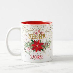 Caneca De Café Em Dois Tons Nollaig Shona - Natal da Poinsettia Dourada