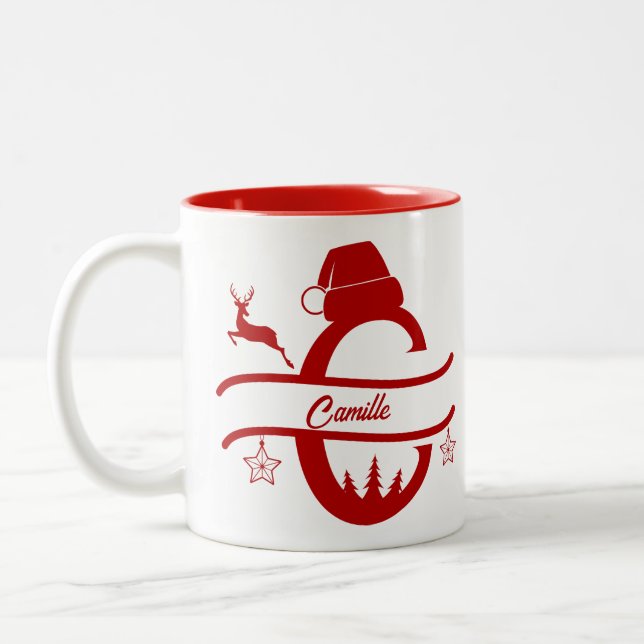 Caneca De Café Em Dois Tons Nome Carta Santa Hat | Monograma | Inicial persona (Esquerda)
