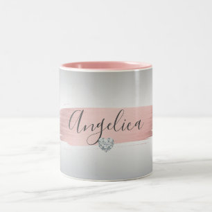 Caneca De Café Em Dois Tons Nome cinzento cor-de-rosa personalizado do coraç