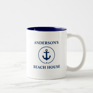 Caneca De Café Em Dois Tons Nome da família náutica Beach House Blue Anchor B
