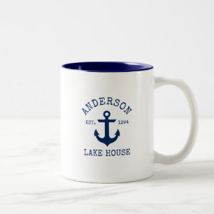 Caneca De Café Em Dois Tons Nome da família náutica Lago House Blue Anchor B
