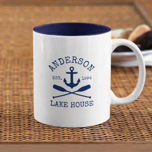 Caneca De Café Em Dois Tons Nome da família náutica Lago House Blue Anchor Oar