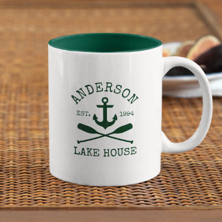 Caneca De Café Em Dois Tons Nome da família náutica Lago House Green Anchor Oa