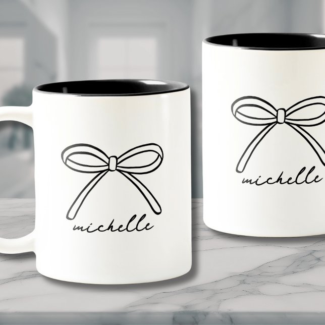 Caneca De Café Em Dois Tons Nome de Laço Personalizado Monograma (Minimalist Hand Drawn Bow Name Two-Tone Coffee Mug)