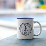 Caneca De Café Em Dois Tons Nome do Barco Personalizado da Âncora Azul do Mari<br><div class="desc">Adicione um toque personalizado legal ao seu barco de pesca, veleiro, iate ou barco doméstico com esta caneca personalizada. O design náutico clássico apresenta o nome do barco e o crachá do logotipo da corda azul do marinho curvo do registro do navio com uma ilustração de âncora no centro. Faz...</div>