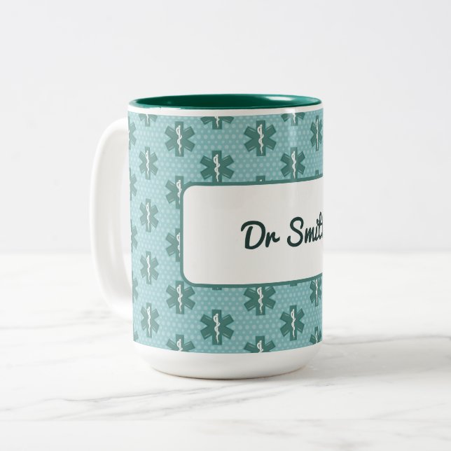 Caneca De Café Em Dois Tons Nome do médico Símbolo médico personalizado Presen (Frente Esquerda)