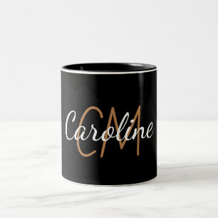 Caneca De Café Em Dois Tons Nome do monograma personalizado de ouro preto Eleg