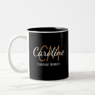 Caneca De Café Em Dois Tons Nome do monograma personalizado de ouro preto Eleg