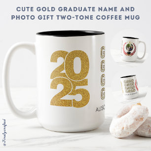 Caneca De Café Em Dois Tons Nome Dourado do Formando e Oferta de Foto com Dois