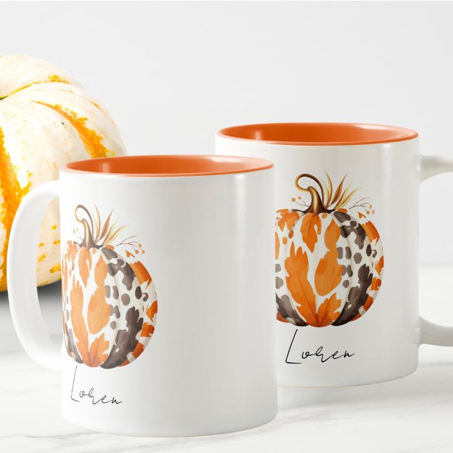 Caneca De Café Em Dois Tons Nome Editável Cair da Colheita de Pumpkin Laranja- (Criador carregado)