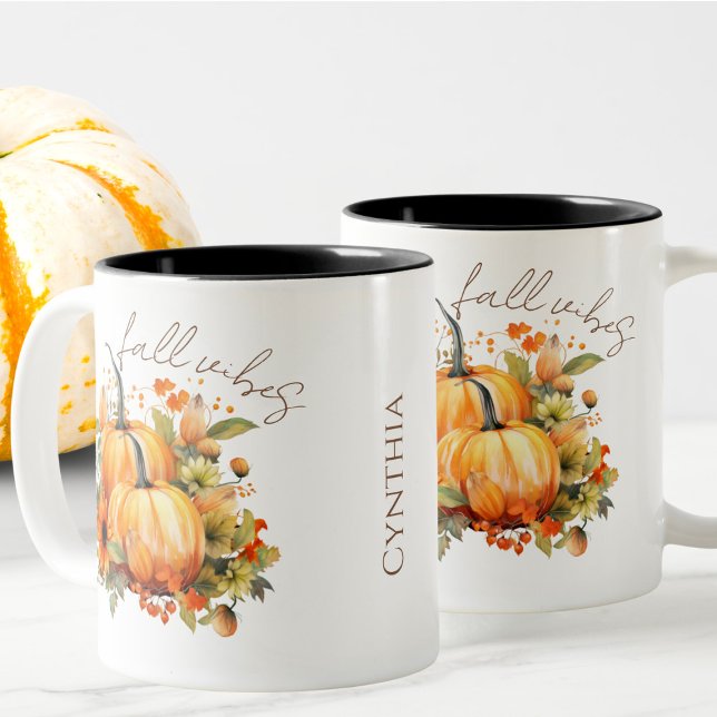 Caneca De Café Em Dois Tons Nome Editável Cair da Colheita de Pumpkin Laranja- (Criador carregado)