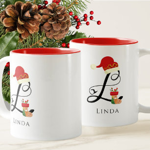 Caneca De Café Em Dois Tons Nome Elegante Monograma Moderno Letra L Natal