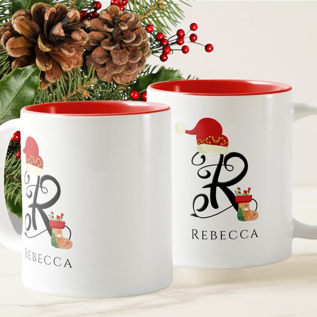 Caneca De Café Em Dois Tons Nome Elegante Script Moderno All Letter R Christma (Criador carregado)