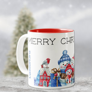 Caneca De Café Em Dois Tons Nome, Família Bonita Snowman Feliz Natal 11oz