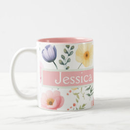 Caneca De Café Em Dois Tons Nome Floral Personalizado