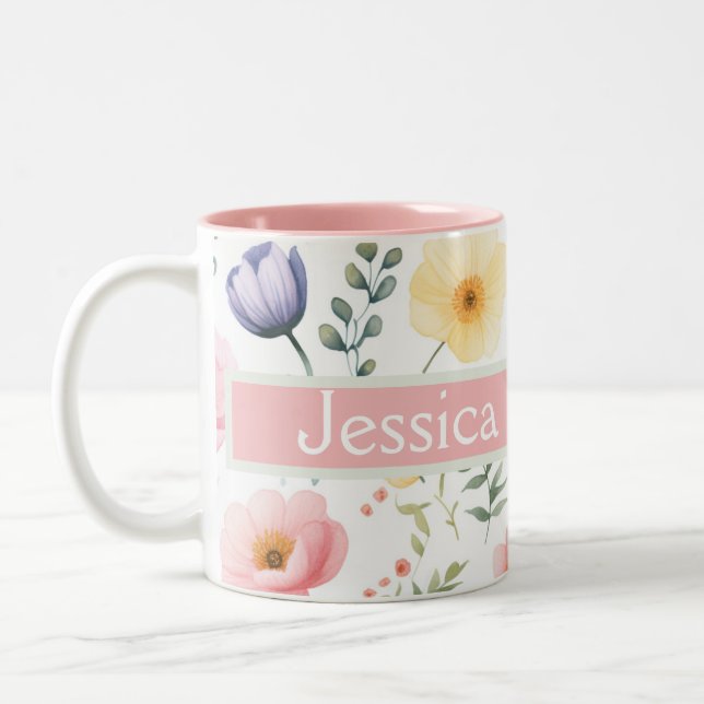 Caneca De Café Em Dois Tons Nome Floral Personalizado (Esquerda)