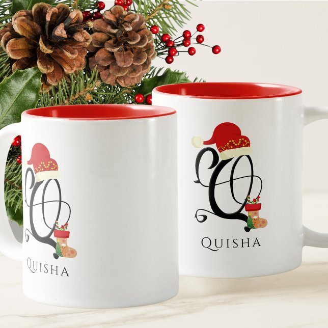 Caneca De Café Em Dois Tons Nome Letra Q Monograma Moderno Natal (Criador carregado)