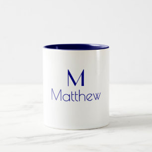 Caneca De Café Em Dois Tons Nome Monograma Minimalista Azul Escuro Moderno