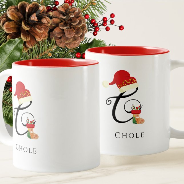 Caneca De Café Em Dois Tons Nome Monograma Moderno Letra C Natal (Criador carregado)